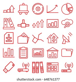 Data icons set. set of 25 data outline icons such as board, graph, binder, cd, clipboard, pie chart, file, document in folder, usb drive, router, satellite, browser window