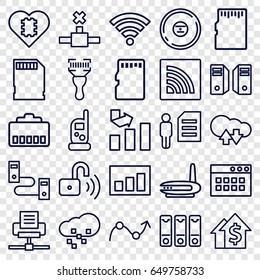 Data icons set. set of 25 data outline icons such as baby monitor phone, graph, bar code scanner, cd, binder, wi-fi, memory card, opened security lock, defragmentation, server