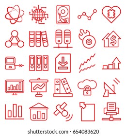 Data icons set. set of 25 data outline icons such as laptop connection, disc flame, binder, chart, file, graph, satellite, hard disc, cpu in heart, cpu planet, dolar growth