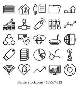 Data icons set. set of 25 data outline icons such as signal tower, business center building, disc on fire, flash drive, chart, pie chart, line graph, binder, wi-fi, graph