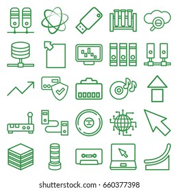 Data icons set. set of 25 data outline icons such as business center building, binder, disc on fire, laptop, cd, cassette, usb drive, graph, pointer, card protection, chart