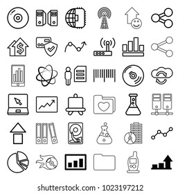 Data icons. set of 36 editable outline data icons such as graph, board, barcode, card protection, disc, dolar growth, arrow up, cpu planet, test tube, man and document, share