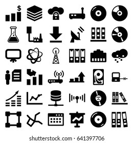 Data icons set. set of 36 data filled icons such as signal tower, laptop connection, board, graph, disc on fire, binder, cd, download, signal, router, satellite