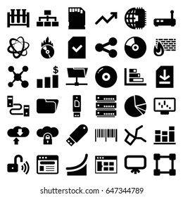 Data icons set. set of 36 data filled icons such as board, structure, browser, flash drive, cd fire, chart, pie chart, file, memory card, opened security lock, graph, cd