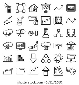 Data icons set. set of 36 data outline icons such as graph, binder, disc, chart, signal, connection, phone, server, defragmentation, card protection, test tube, dolar growth