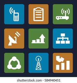 data icons set. Set of 9 data filled icons such as signal tower, graph, structure, clipboard, router, connection, phone