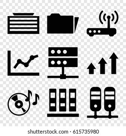 Data icons set. set of 9 data filled icons such as business center building, disc on fire, folder, router, graph, binder, chart