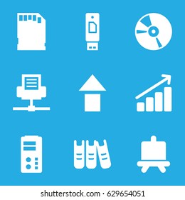 Data icons set. set of 9 data filled icons such as board, cd, binder, memory card, graph, arrow up, server, usb drive