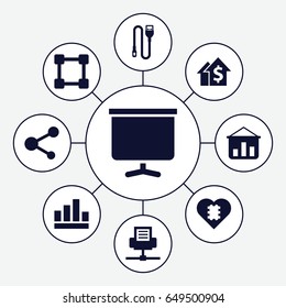 Data icons set. set of 9 data filled icons such as share, board, wire, cpu in heart, graph, dolar growth, graph on board, network connection