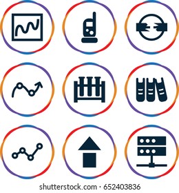 Data icons set. set of 9 data filled icons such as baby monitor phone, binder, graph, test tube, chart, arrow up, server