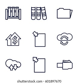 data icons set. Set of 9 data outline icons such as folder, binder, test tube, cloud download upload, dolar growth, cloud sync, phone cable