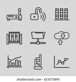Data icons set. set of 9 data outline icons such as baby monitor phone, chart, opened security lock, binder, test tube, folder, download cloud