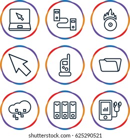 Data icons set. set of 9 data outline icons such as baby monitor phone, folder, laptop, mp3 player, CD fire, binder, defragmentation, pointer