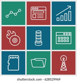 Data icons set. set of 9 data outline icons such as signal tower, business center building, folder, disc flame, browser, line graph, memory card, graph