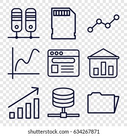 Data icons set. set of 9 data outline icons such as browser, folder, line graph, memory card, graph, binder, graph on board