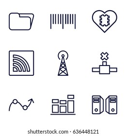 Data icons set. set of 9 data outline icons such as signal tower, chart, wi-fi, graph, server, barcode, cpu in heart, folder