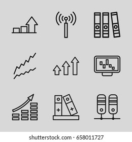 Data icons set. set of 9 data outline icons such as signal tower, binder, graph, graph on display