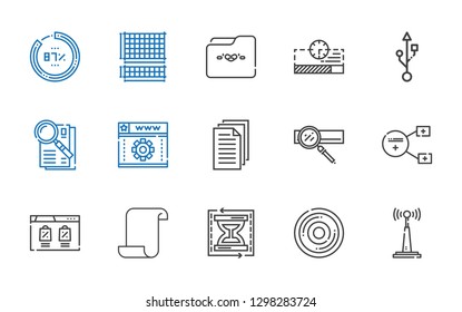 data icons set. Collection of data with antenna, compact disc, load time, paper, browser, sharing, search engine, files, web development, observe. Editable and scalable data icons.