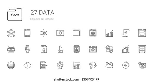 data icons set. Collection of data with cloud, pie chart, bar chart, webcam, file, cloud computing, grid, exchange, web development, tablet. Editable and scalable data icons.