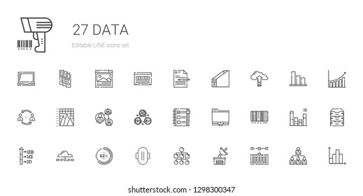 data icons set. Collection of data with keyboard, satellite dish, sitemap, compress, percentage, cloud computing, growth, barcode, ftp, checklist. Editable and scalable data icons.