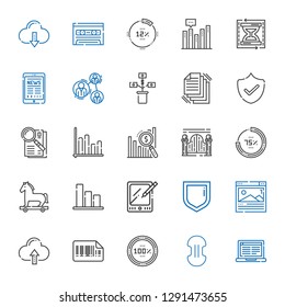 data icons set. Collection of data with laptop, compress, percentage, bars code, cloud computing, browser, security, tablet, bar chart, trojan horse. Editable and scalable data icons.