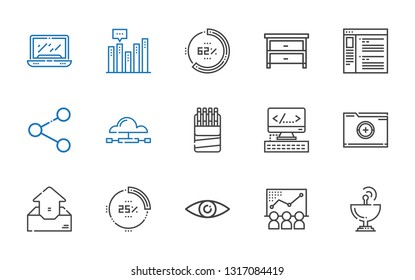 data icons set. Collection of data with satellite dish, chart, security, percentage, outbox, folder, html, sticks, cloud computing, share, browser. Editable and scalable data icons.