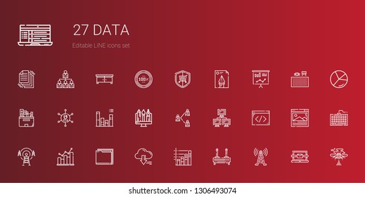data icons set. Collection of data with signal tower, router, bar chart, server, folder, bar graph, antenna, coding, network, graphic, networking. Editable and scalable data icons.