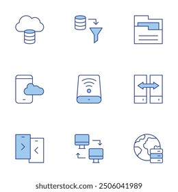 Data icons set. Line Duotone style, editable stroke. data, data sharing, data storage, computer networking.