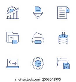 Data icons set. Line Duotone style, editable stroke. data transfer, unlocked, data analytics, data server, filtering, summary secret.