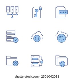 Data icons set. Line Duotone style, editable stroke. data server, data encryption, data management, cloud sync, server.