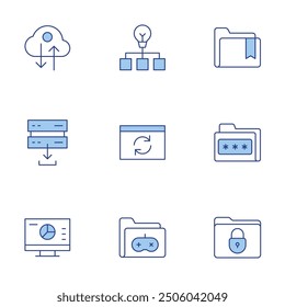 Data icons set. Line Duotone style, editable stroke. analysis, game folder, bookmark, upload, synchronization.