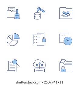 Data icons set. Line Duotone style, editable stroke. discovery, data management, data cleaning, data security.