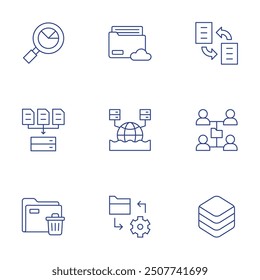 Data icons set. Thin Line style, editable stroke. cloud, lake, search, data collection, folder, data synchronization, shared folder, database table.