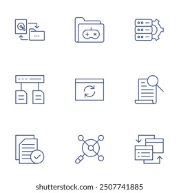 Data icons set. Thin Line style, editable stroke. data storage, data flow, data protection, discovery, interchange, game folder, synchronization, analytical.