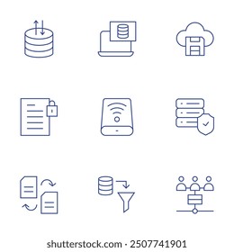 Conjunto de iconos de datos. Estilo de línea delgada, trazo editable. recopilación de datos, servidor, secreto de resumen, archivo, servidor, almacenamiento, nube.