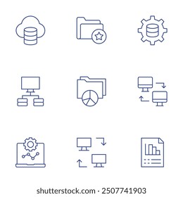 Data icons set. Thin Line style, editable stroke. data cloud, data server, laptop, data science, computer networking, stats, favourite, pie chart, syncronization.