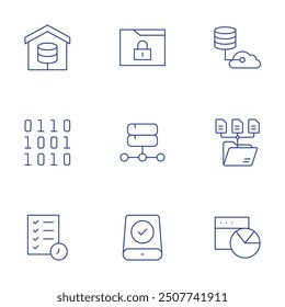 Data icons set. Thin Line style, editable stroke. confidential, data analytics, storage, warehouse, binary, checklist, folder, pie chart, cloud.