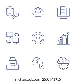 Data icons set. Thin Line style, editable stroke. cloud uploading, encryption, transfer, folder, analysis, cloud computing, circular chart, cloud.