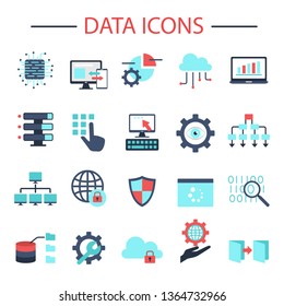 Data icons set vector illustration. Flat signs of database analytics information technology digital processing. Flat style design for websites mobile apps.
