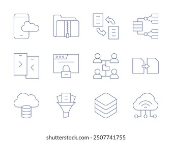Data icons. Thin Line style, editable stroke. iot, transfer, shared folder, database table, data transfer, cloud data, browser, filter.