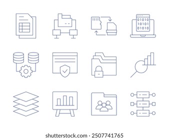 Data icons. Thin Line style, editable stroke. transfer, security, data protection, bar chart, table, database, layers, structured, data analysis.