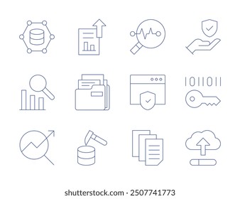 Iconos de datos. Estilo de línea delgada, trazo editable. minería de datos, seo, carpeta, protección, cifrado, carga, estadísticas, análisis, seguridad de Web, ciencia.