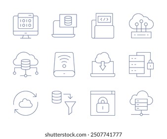 Data icons. Thin Line style, editable stroke. data protection, cloud, cloud database, sync, storage, laptop, web security.