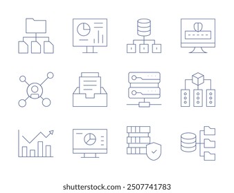 Iconos de datos. Estilo de línea delgada, trazo editable. minería, colección, servidor, protección de datos, Archivar, análisis, equipo, análisis.