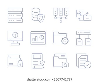 Data icons. Thin Line style, editable stroke. flow, protection, management, data, dashboard, policy, data visualization, data security.