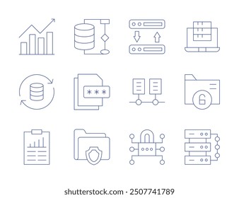 Data icons. Thin Line style, editable stroke. data encryption, server, data network, cyber security, encrypted, protection, integration, analysis.