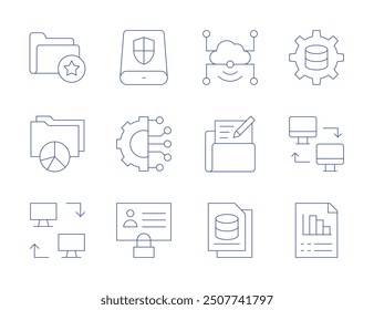 Data icons. Thin Line style, editable stroke. data analysis, personal data, input, connection, computer networking, stats, pie chart, syncronization.