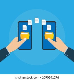 Data image file transfer between device smartphone. File transfer copy files data sheet exchange concept. Vector stock illustration. 