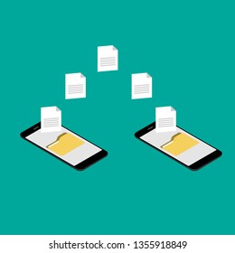 Data image file transfer between device smartphone. File transfer copy files data sheet exchange concept. Vector flat cartoon isolated icon illustration