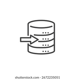 Ícone da linha Importação de Dados com seta apontando para o banco de dados. Ícone de vetor de Tópicos, sinal que simboliza o upload ou a transferência de informações para sistemas e análises.